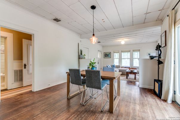 Dining room, Interior, Living room, Pendant Lights, Wood Texture Flooring