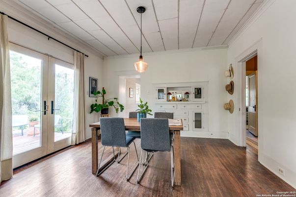 Dining room, Interior, Pendant Lights, Wood Texture Flooring