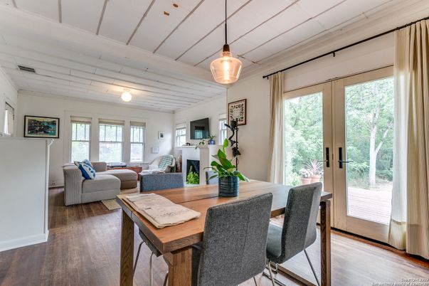 Dining room, Fireplace, Interior, Living room, Pendant Lights, Wood Texture Flooring