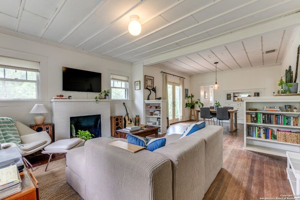 Dining room, Fireplace, Interior, Living room, Pendant Lights, Wood Texture Flooring