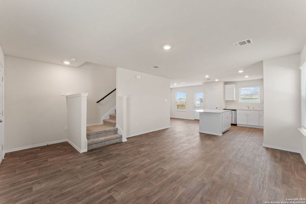 Empty room, Interior, Kitchen, Recessed Lighting, Wood Texture Flooring