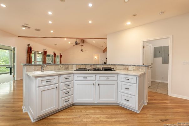 Bathroom, Dual Sink Vanities, Interior, Recessed Lighting, Wood Texture Flooring