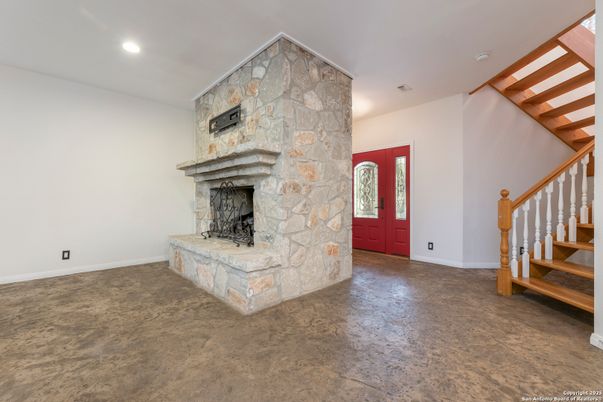 Fireplace, Interior, Recessed Lighting, Stone Walls