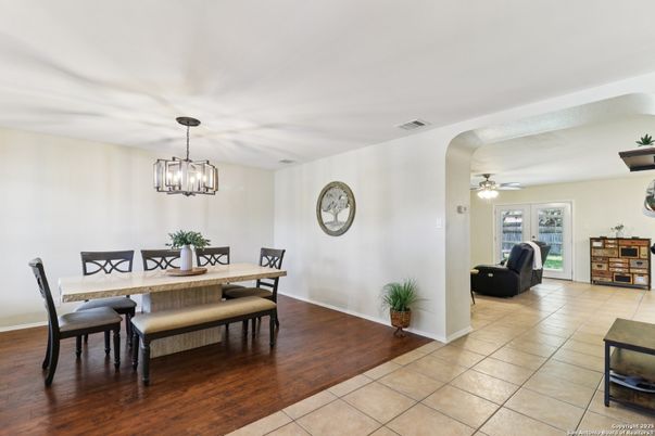 Dining room, Interior, Pendant Lights, Wood Texture Flooring