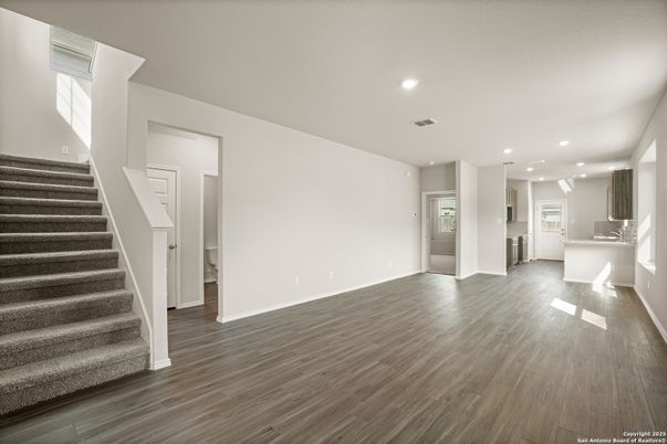 Empty room, Interior, Kitchen, Recessed Lighting, Wood Texture Flooring