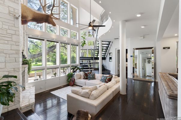 Interior, Living room, Recessed Lighting, Stone Walls, Wood Texture Flooring