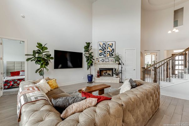 Fireplace, Interior, Living room, Pendant Lights, Wood Texture Flooring