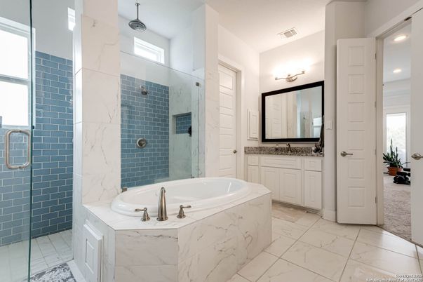 Bathroom, Glass Shower, Interior, Marble, Marble Walls, Recessed Lighting