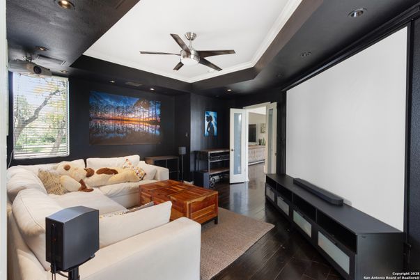 Interior, Living room, Projection Screen, Recessed Lighting, Wood Texture Flooring