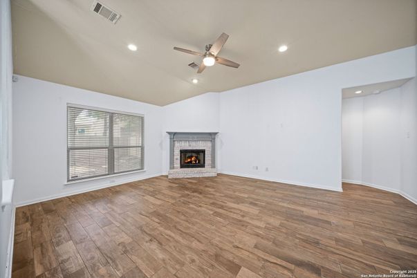 Empty room, Fireplace, Interior, Recessed Lighting, Wood Texture Flooring