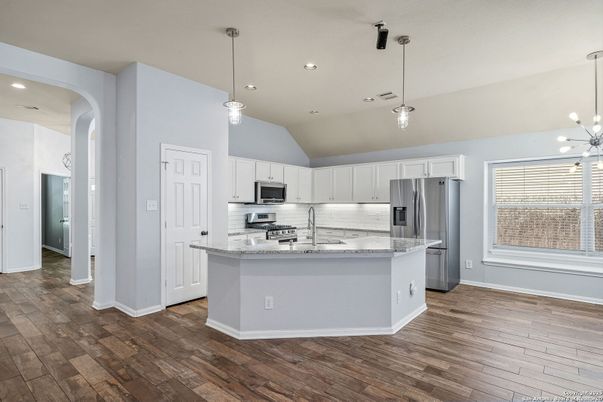 Interior, Kitchen, Pendant Lights, Recessed Lighting, Stainless Steel Appliances, Wood Texture Flooring