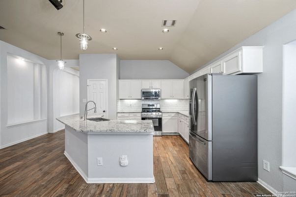 Interior, Kitchen, Pendant Lights, Recessed Lighting, Stainless Steel Appliances, Wood Texture Flooring