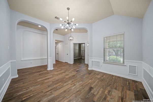 Empty room, Interior, Pendant Lights, Recessed Lighting, Wood Texture Flooring