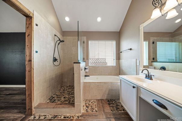 Bathroom, Glass Shower, Interior, Recessed Lighting, Wood Texture Flooring