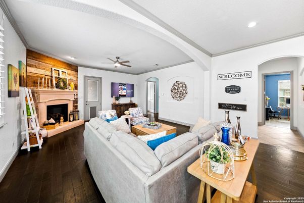 Fireplace, Interior, Living room, Recessed Lighting, Wood Texture Flooring, Wooden Walls