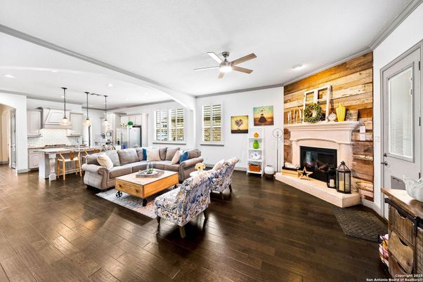 Fireplace, Interior, Kitchen, Living room, Pendant Lights, Recessed Lighting, Wood Texture Flooring, Wooden Walls