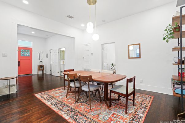Dining room, Interior, Pendant Lights, Recessed Lighting, Wood Texture Flooring