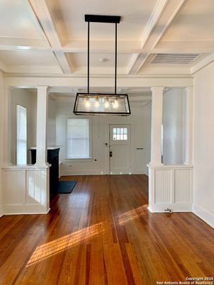 Empty room, Fireplace, Interior, Pendant Lights, Wood Texture Flooring