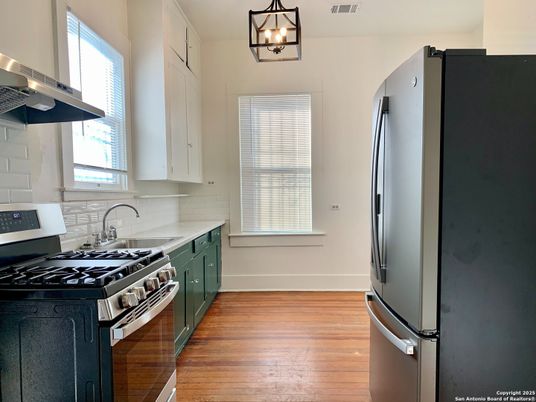 Interior, Kitchen, Pendant Lights, Stainless Steel Appliances, Wood Texture Flooring