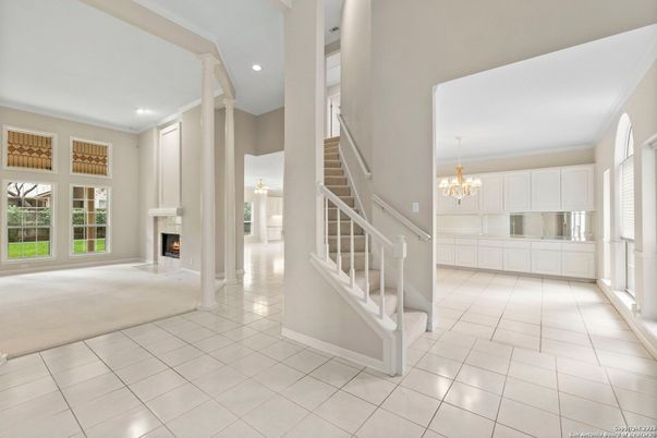 Chandelier, Empty room, Fireplace, Interior, Recessed Lighting