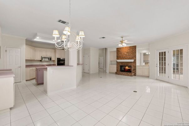 Chandelier, Empty room, Fireplace, Interior, Kitchen, Recessed Lighting