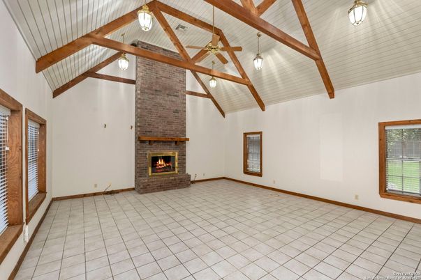 Empty room, Fireplace, Interior, Pendant Lights, Wooden Beams