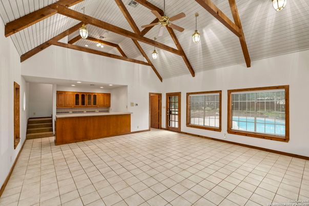 Empty room, Interior, Kitchen, Pendant Lights, Recessed Lighting, Wooden Beams