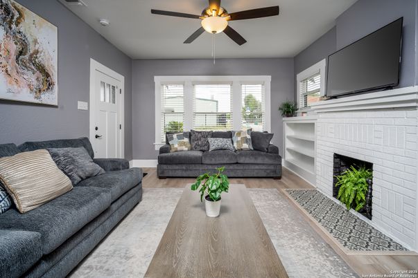 Fireplace, Interior, Living room, Stone Walls, Wood Texture Flooring