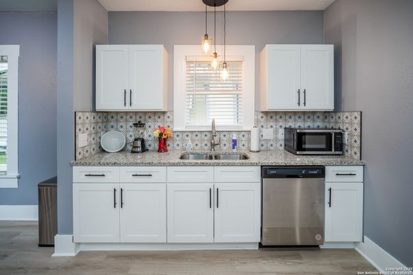 Interior, Kitchen, Pendant Lights, Stainless Steel Appliances, Wood Texture Flooring