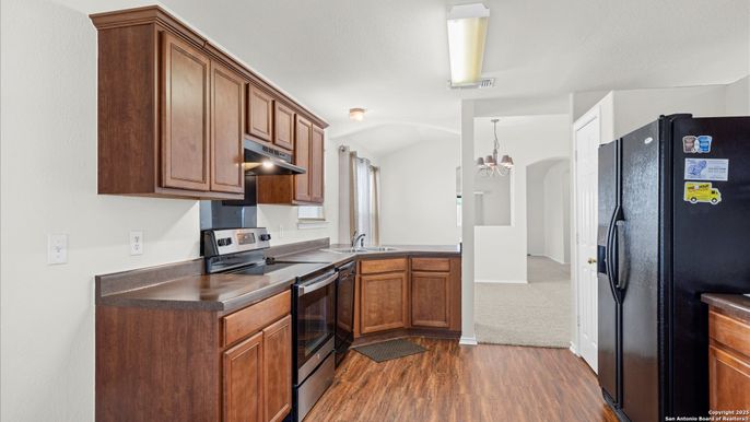 Chandelier, Interior, Kitchen, Pendant Lights, Wood Texture Flooring