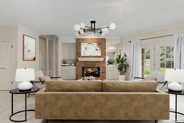 Fireplace, Interior, Living room, Pendant Lights