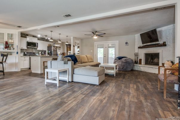 Fireplace, Interior, Kitchen, Living room, Pendant Lights, Wood Texture Flooring