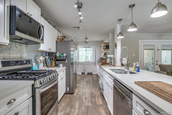 Interior, Kitchen, Pendant Lights, Stainless Steel Appliances, Wood Texture Flooring
