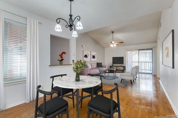 Dining room, Interior, Living room, Pendant Lights, Wood Texture Flooring