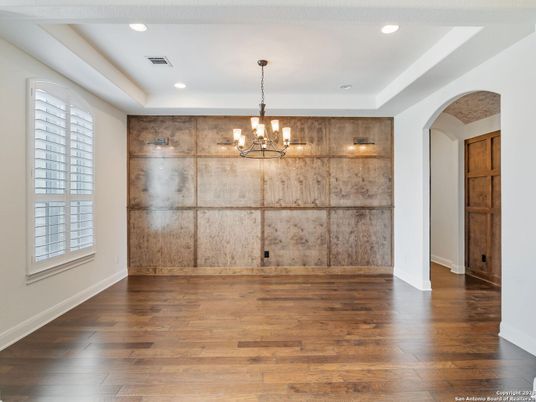 Chandelier, Empty room, Interior, Recessed Lighting, Wood Texture Flooring