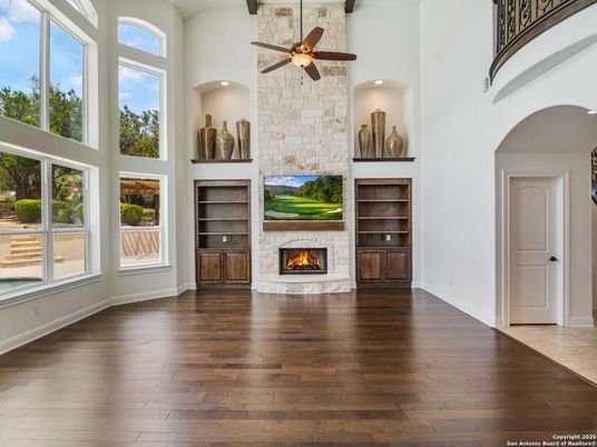 Fireplace, Interior, Recessed Lighting, Stone Walls, Wood Texture Flooring