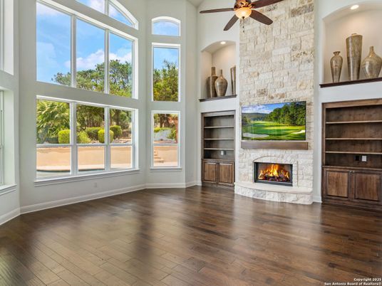 Fireplace, Interior, Recessed Lighting, Stone Walls, Wood Texture Flooring