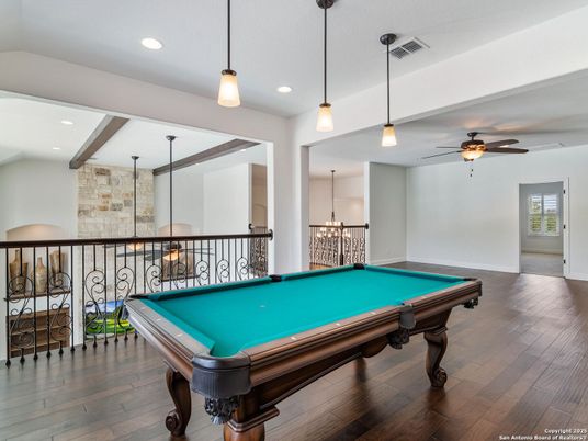 Billiard Table, Game Room, Interior, Pendant Lights, Recessed Lighting, Stone Walls, Wood Texture Flooring
