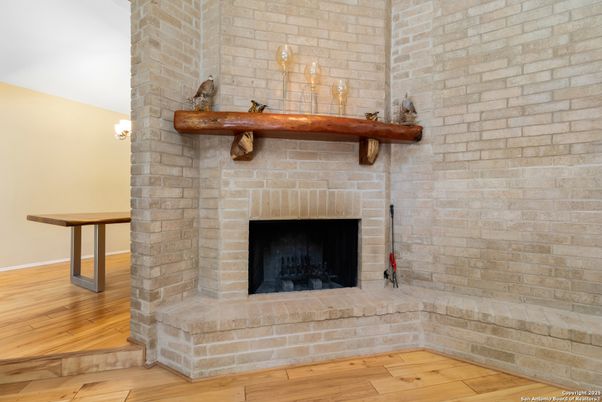 Fireplace, Interior, Pendant Lights, Stone Walls, Wood Texture Flooring