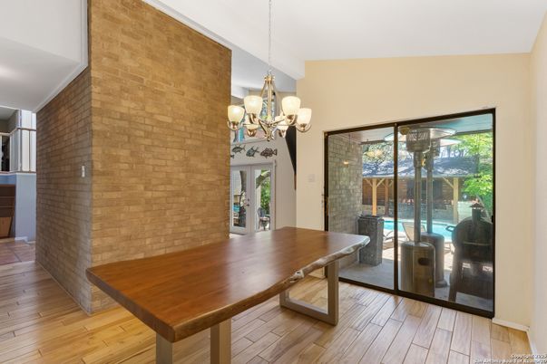 Chandelier, Dining room, Interior, Stone Walls, Wood Texture Flooring