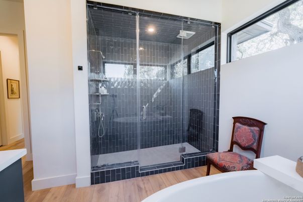 Bathroom, Glass Shower, Interior, Recessed Lighting, Wood Texture Flooring