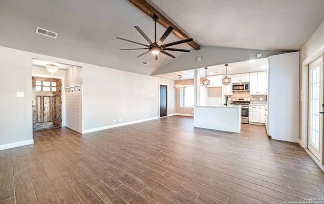 Empty room, Interior, Kitchen, Pendant Lights, Stainless Steel Appliances, Wooden Beams, Wood Texture Flooring