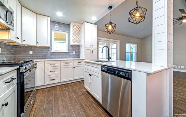 Interior, Kitchen, Pendant Lights, Recessed Lighting, Stainless Steel Appliances, Wood Texture Flooring