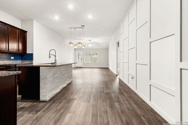 Interior, Kitchen, Pendant Lights, Recessed Lighting, Wood Texture Flooring