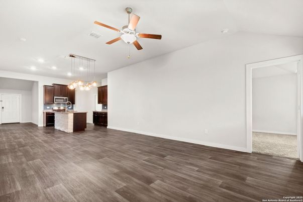 Chandelier, Empty room, Interior, Kitchen, Pendant Lights, Recessed Lighting, Wood Texture Flooring