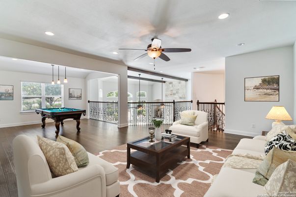 Billiard Table, Game Room, Interior, Living room, Pendant Lights, Recessed Lighting, Wood Texture Flooring