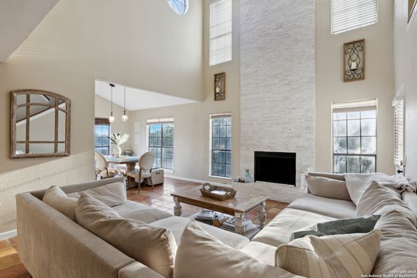 Dining room, Fireplace, Interior, Living room, Pendant Lights, Stone Walls