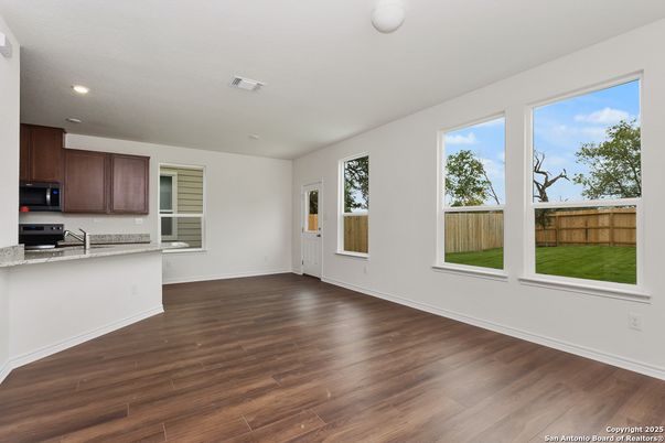 Empty room, Interior, Kitchen, Recessed Lighting, Wood Texture Flooring
