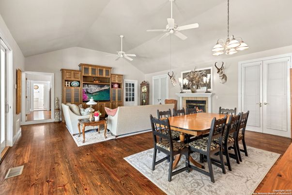 Dining room, Fireplace, Interior, Living room, Pendant Lights, Wood Texture Flooring