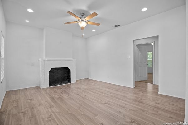 Empty room, Fireplace, Interior, Recessed Lighting, Wood Texture Flooring